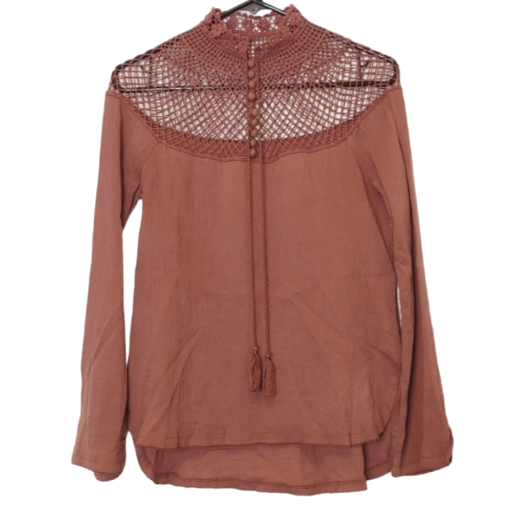 Free People Women's Boho High Neck Long Sleeve Blouse with Netted Collar Size XS